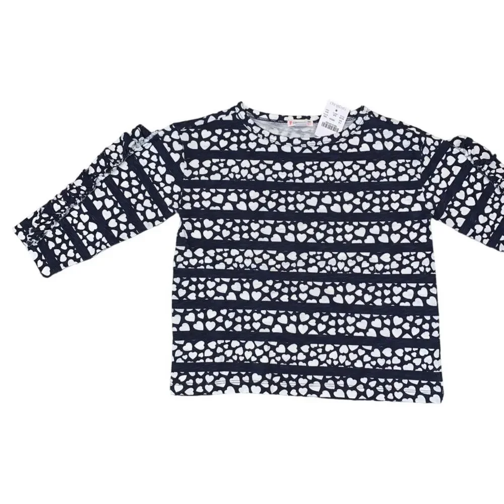 NWT J Crew Girls' Ruffle-Trim Navy Top in Hearts & Stripes